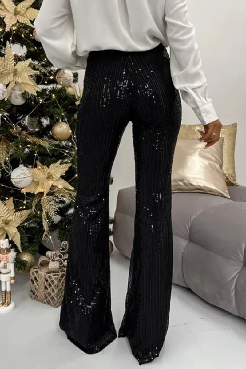 British Style Elegant Solid Sequins Straight High Waist Speaker Solid Color Bottoms