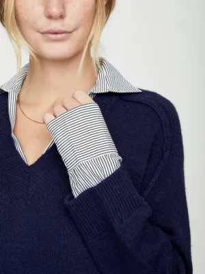 Brochu Walker - The Looker Printed Layered V Neck Sweater in Navy with Stripe Woven