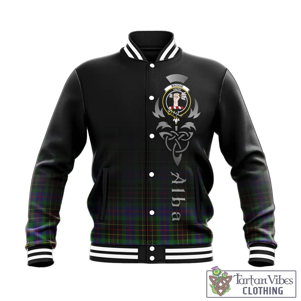 Brodie Hunting Modern Tartan Baseball Jacket Featuring Alba Gu Brath Family Crest Celtic Inspired