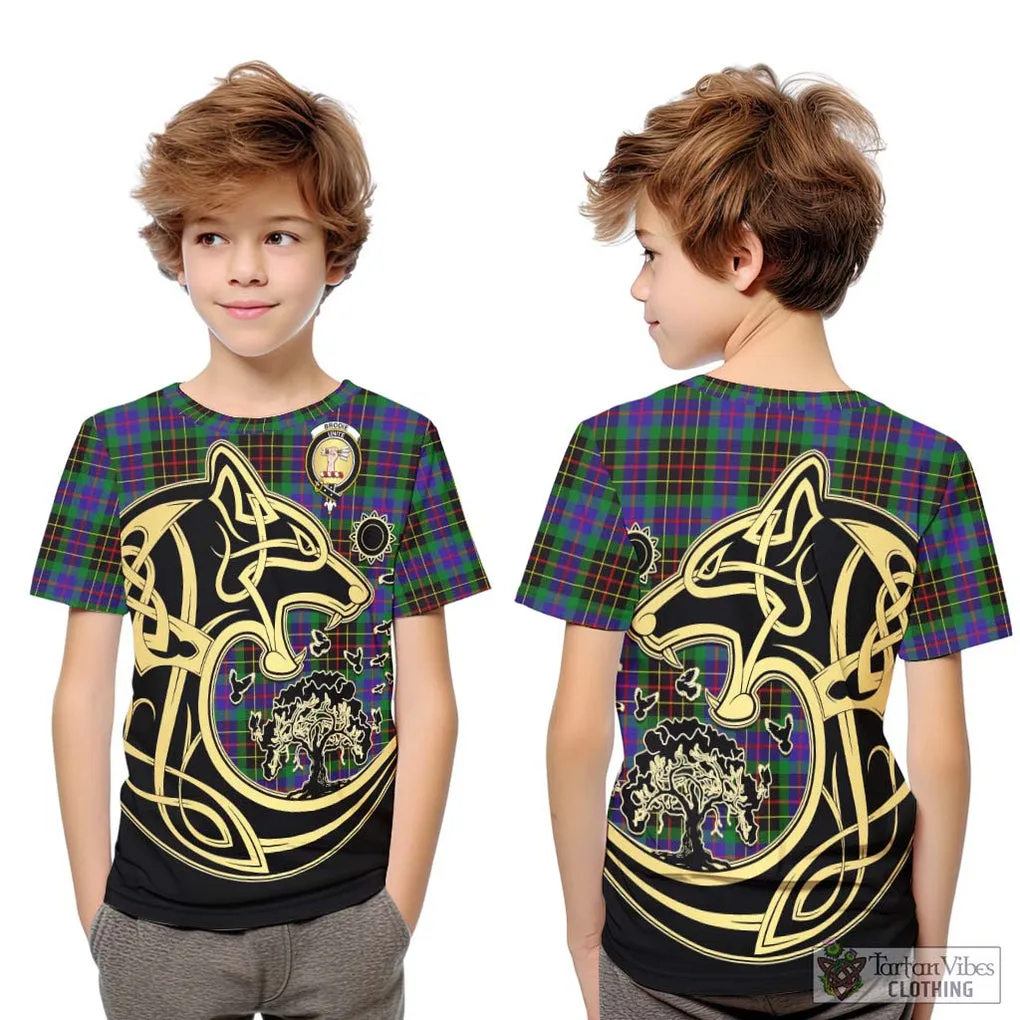 Brodie Hunting Modern Tartan Kid T-Shirt with Family Crest Celtic Wolf Style