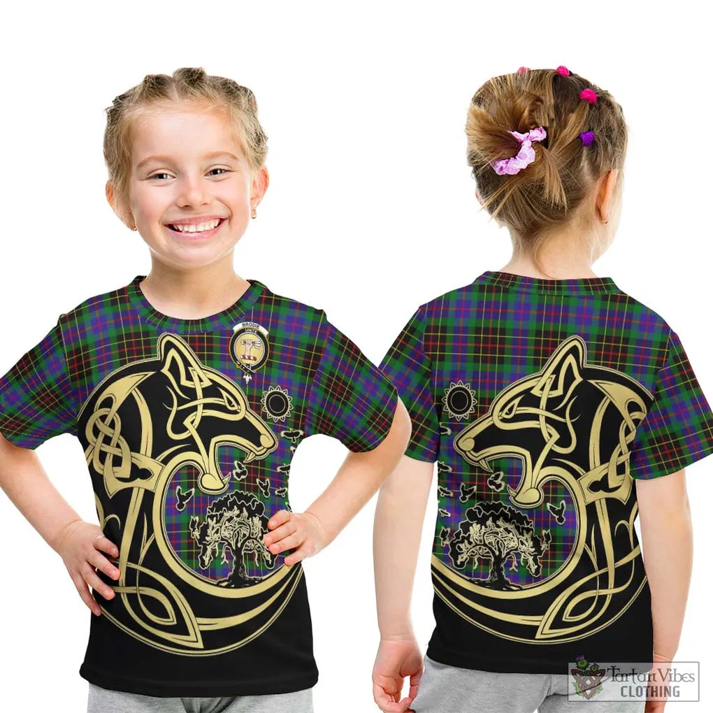 Brodie Hunting Modern Tartan Kid T-Shirt with Family Crest Celtic Wolf Style