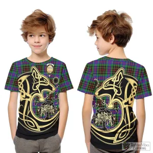 Brodie Hunting Modern Tartan Kid T-Shirt with Family Crest Celtic Wolf Style