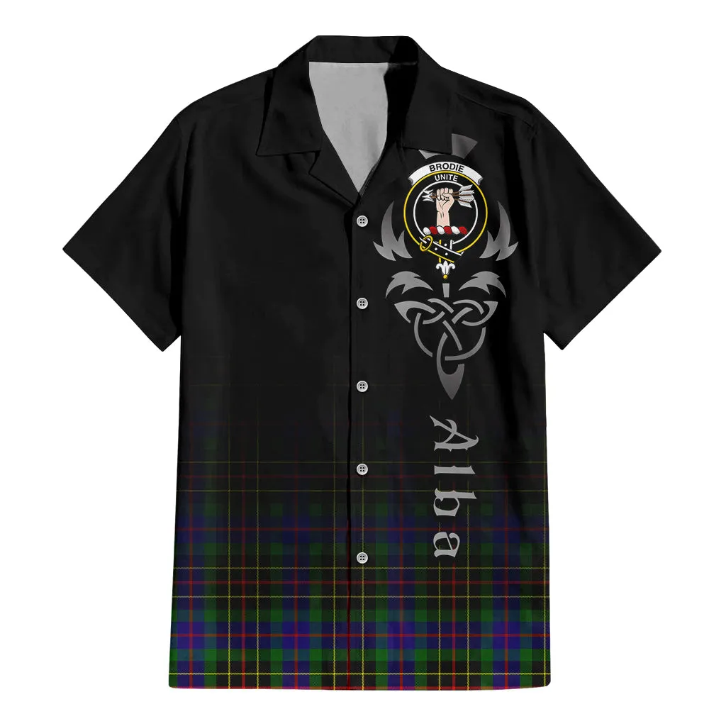 Brodie Hunting Modern Tartan Short Sleeve Button Up Shirt Featuring Alba Gu Brath Family Crest Celtic Inspired