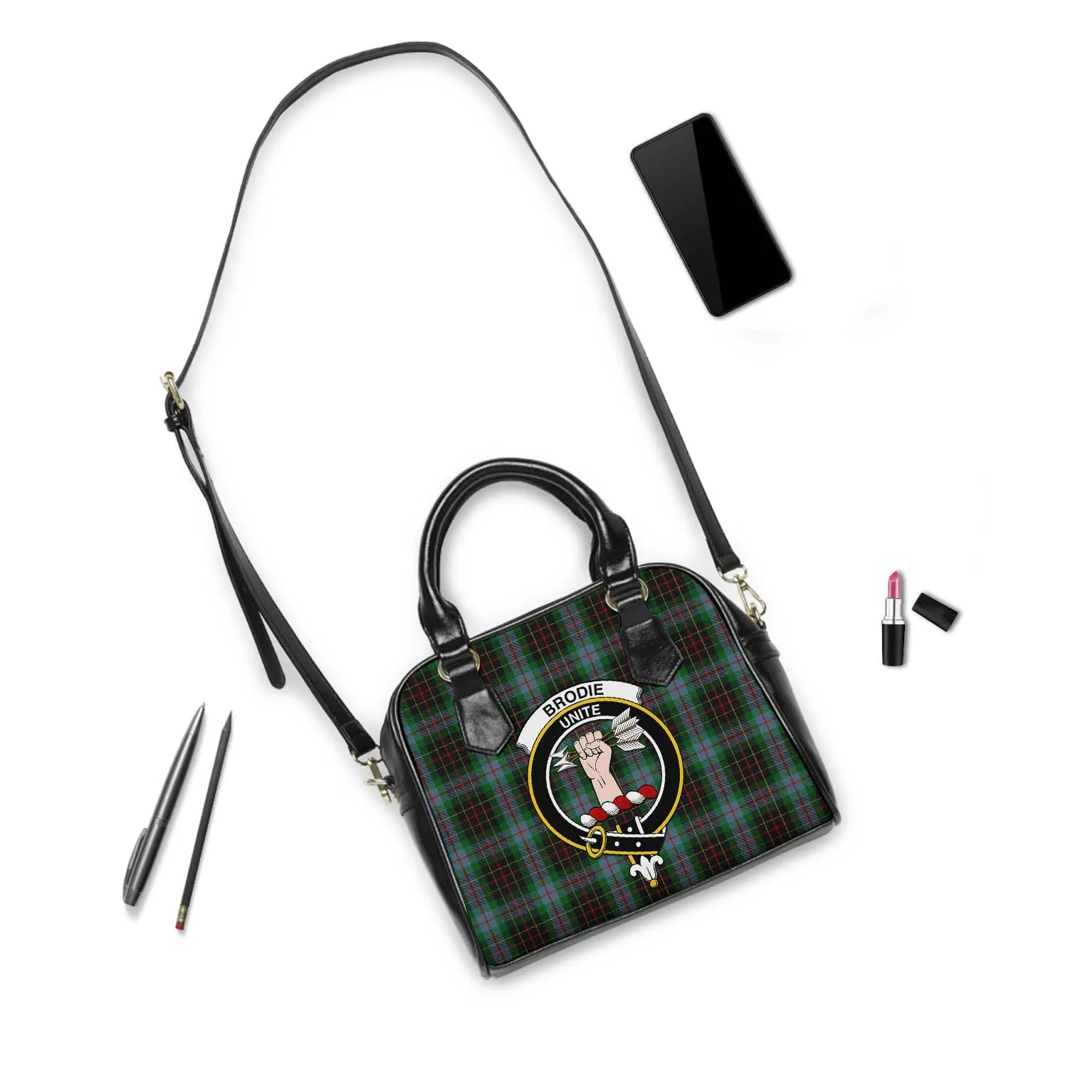 Brodie Hunting Tartan Shoulder Handbags with Family Crest