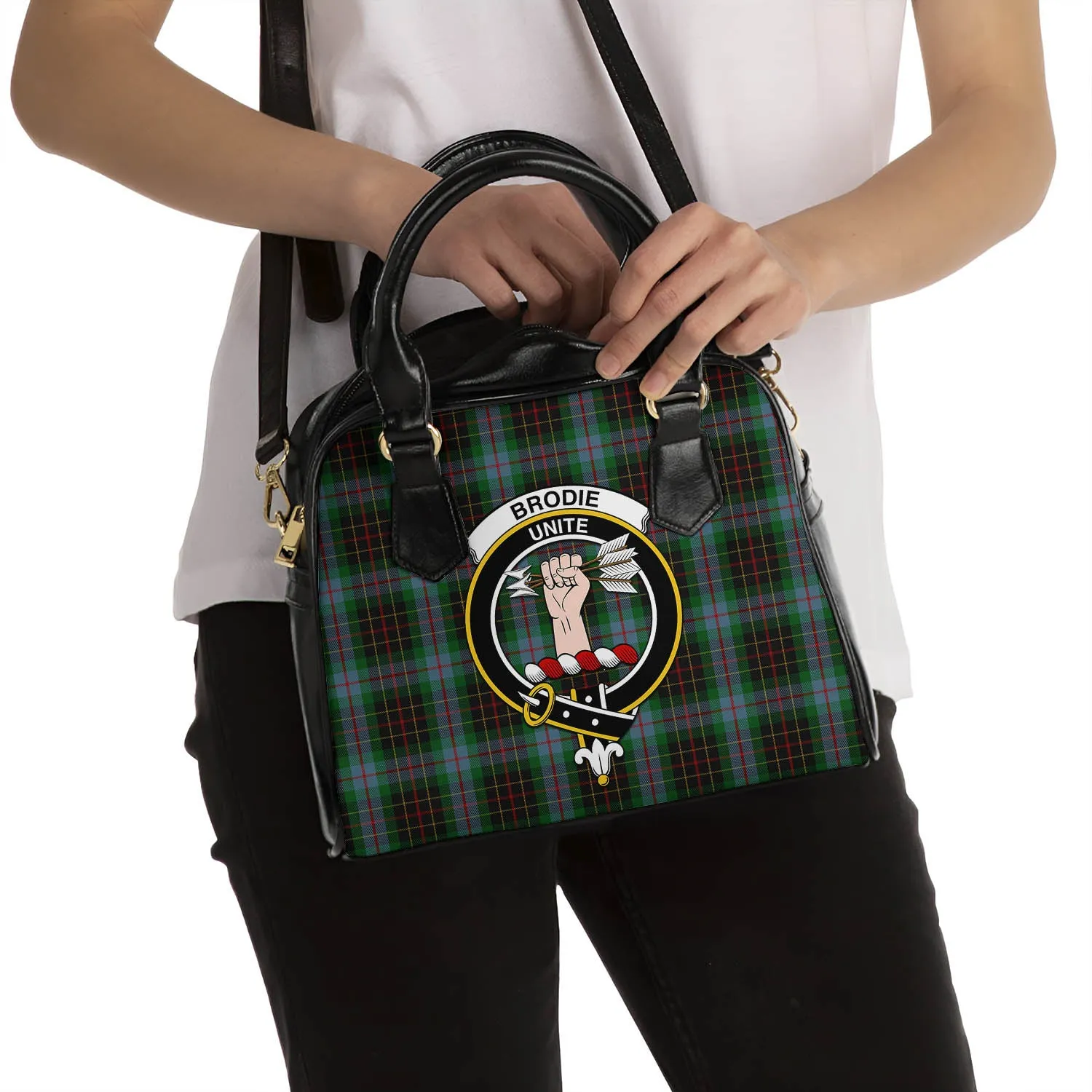 Brodie Hunting Tartan Shoulder Handbags with Family Crest