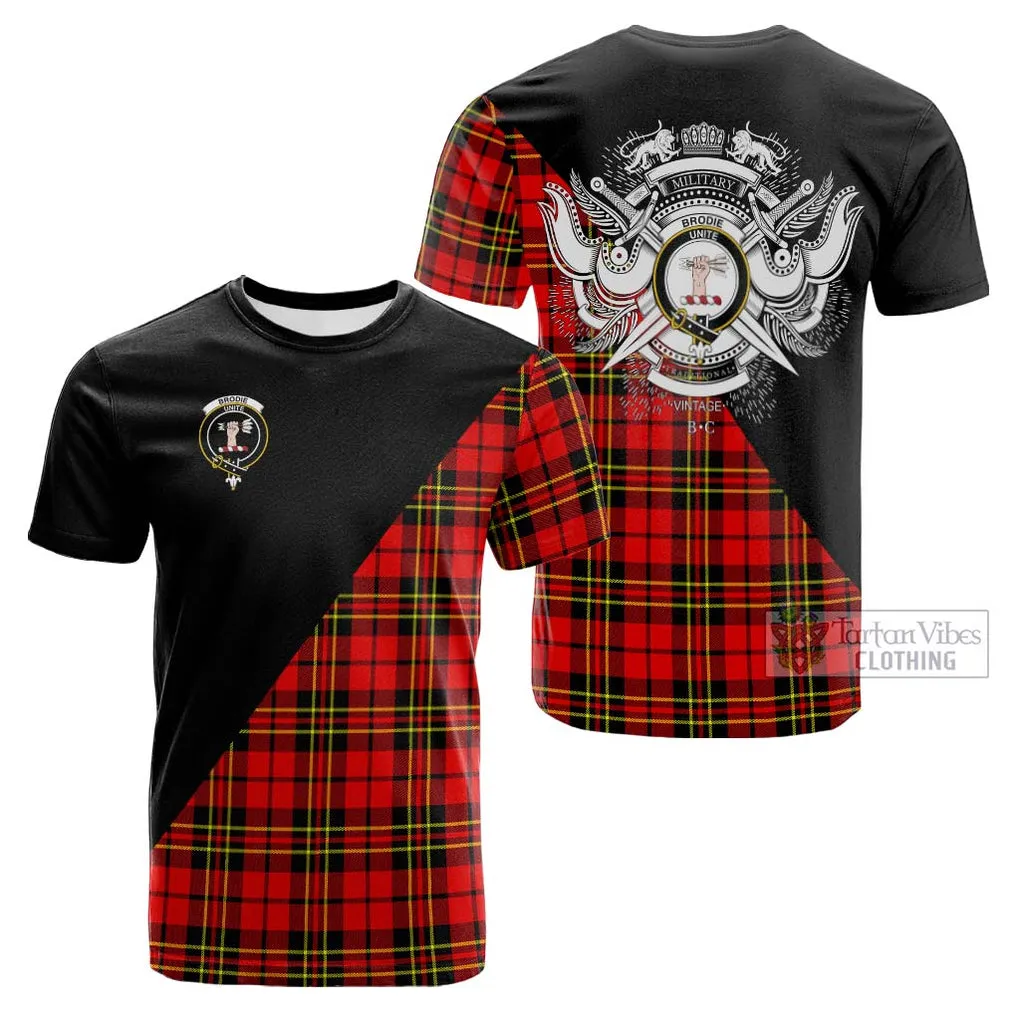 Brodie Modern Tartan Cotton T-shirt with Family Crest and Military Logo Style