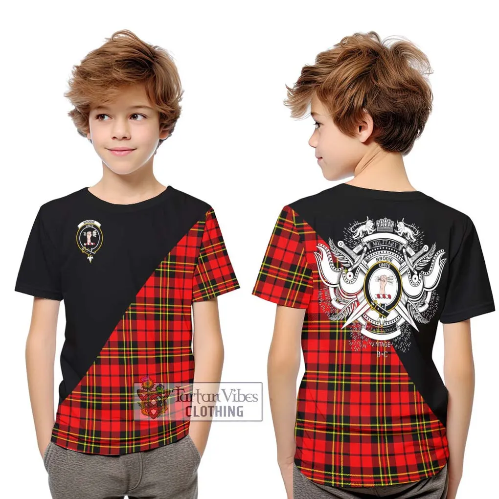 Brodie Modern Tartan Kid T-Shirt with Family Crest and Military Logo Style