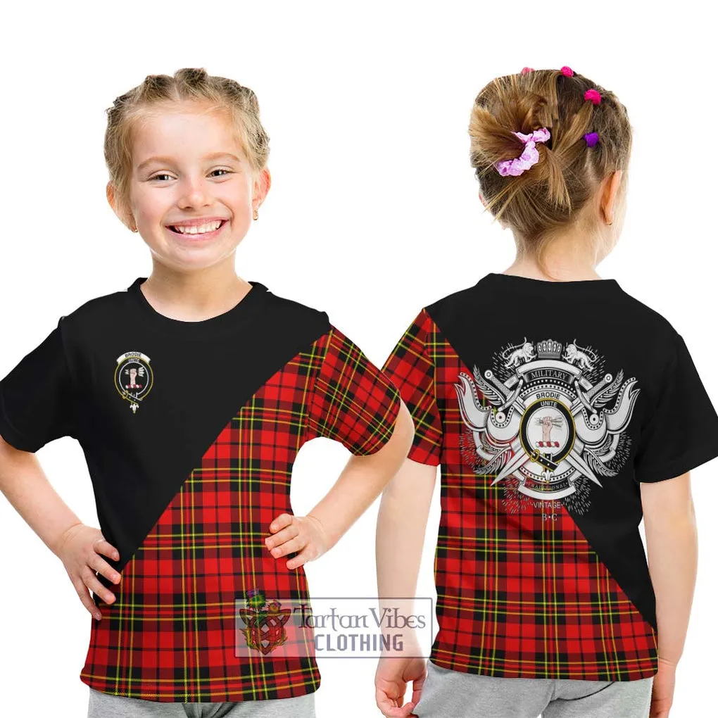 Brodie Modern Tartan Kid T-Shirt with Family Crest and Military Logo Style