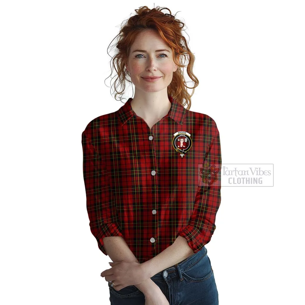 Brodie Tartan Women's Casual Shirt with Family Crest and Bearded Skull Holding Bottles of Whiskey