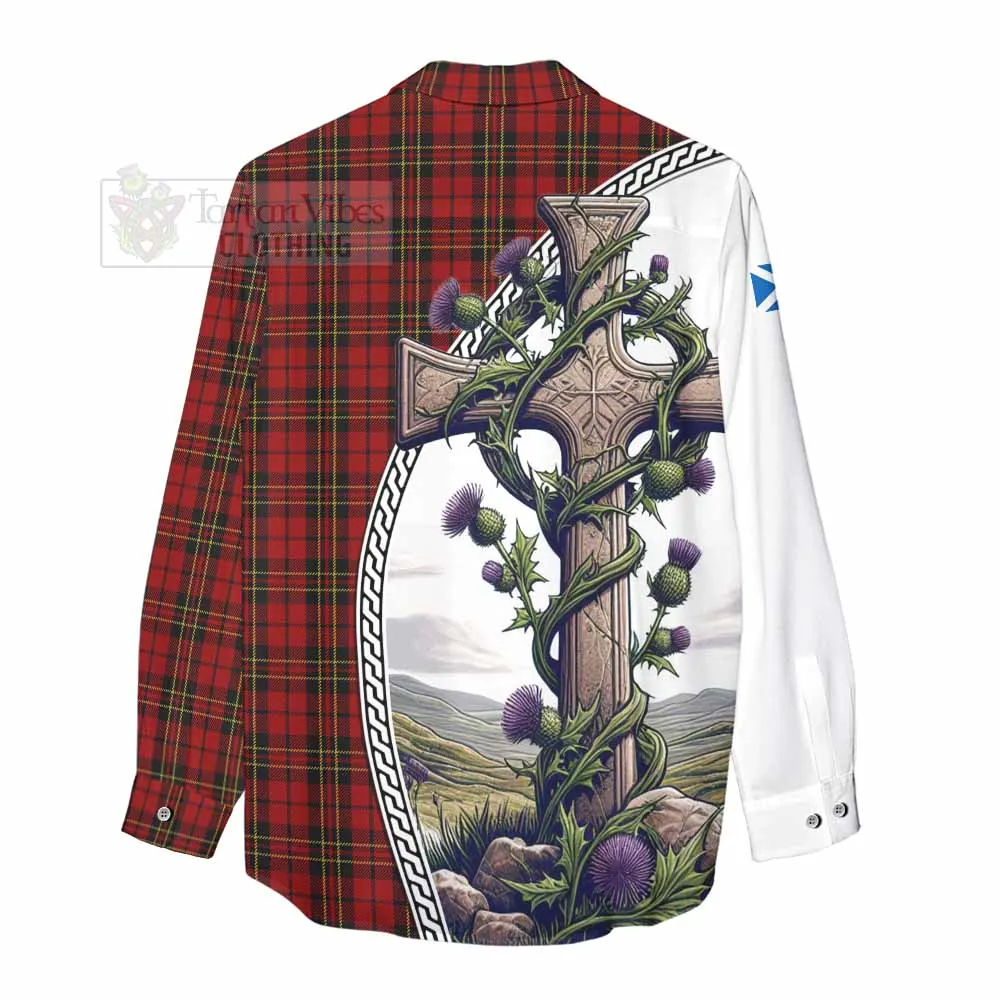 Brodie Tartan Women's Casual Shirt with Family Crest and St. Andrew's Cross Accented by Thistle Vines