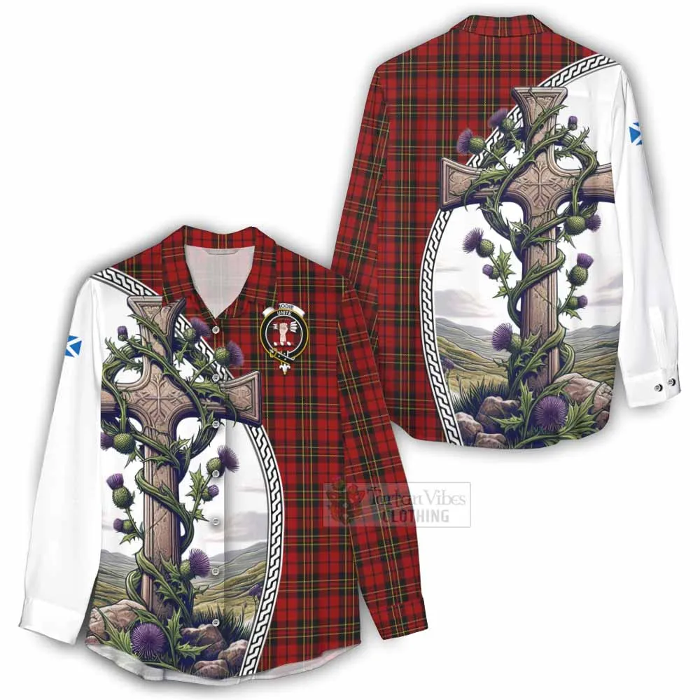 Brodie Tartan Women's Casual Shirt with Family Crest and St. Andrew's Cross Accented by Thistle Vines