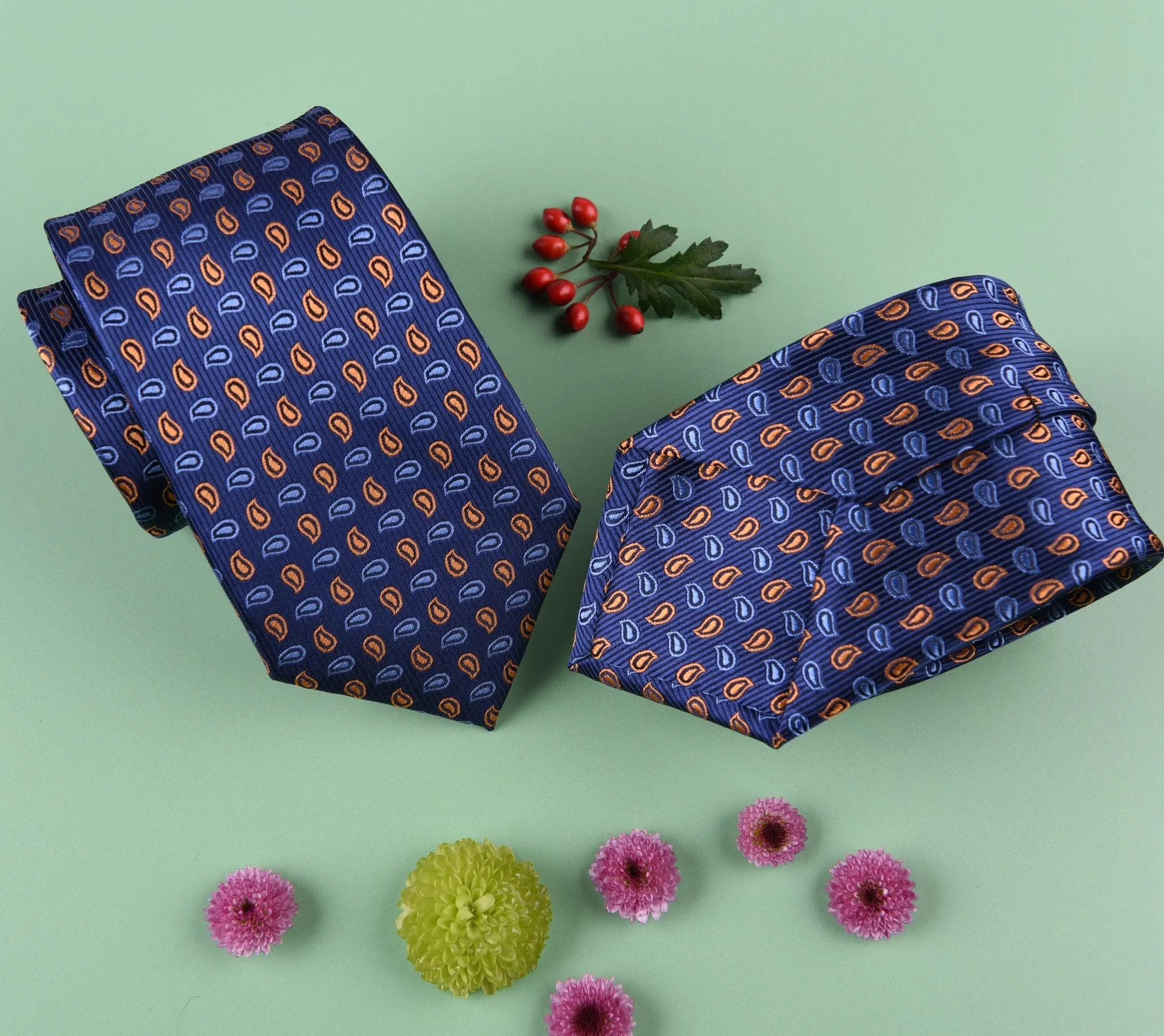 Bronze & Light Blue Small Paisley Floral Modern Woven Tie 3"