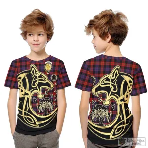 Broun Modern Tartan Kid T-Shirt with Family Crest Celtic Wolf Style