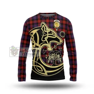 Broun Modern Tartan Long Sleeve T-Shirt with Family Crest Celtic Wolf Style