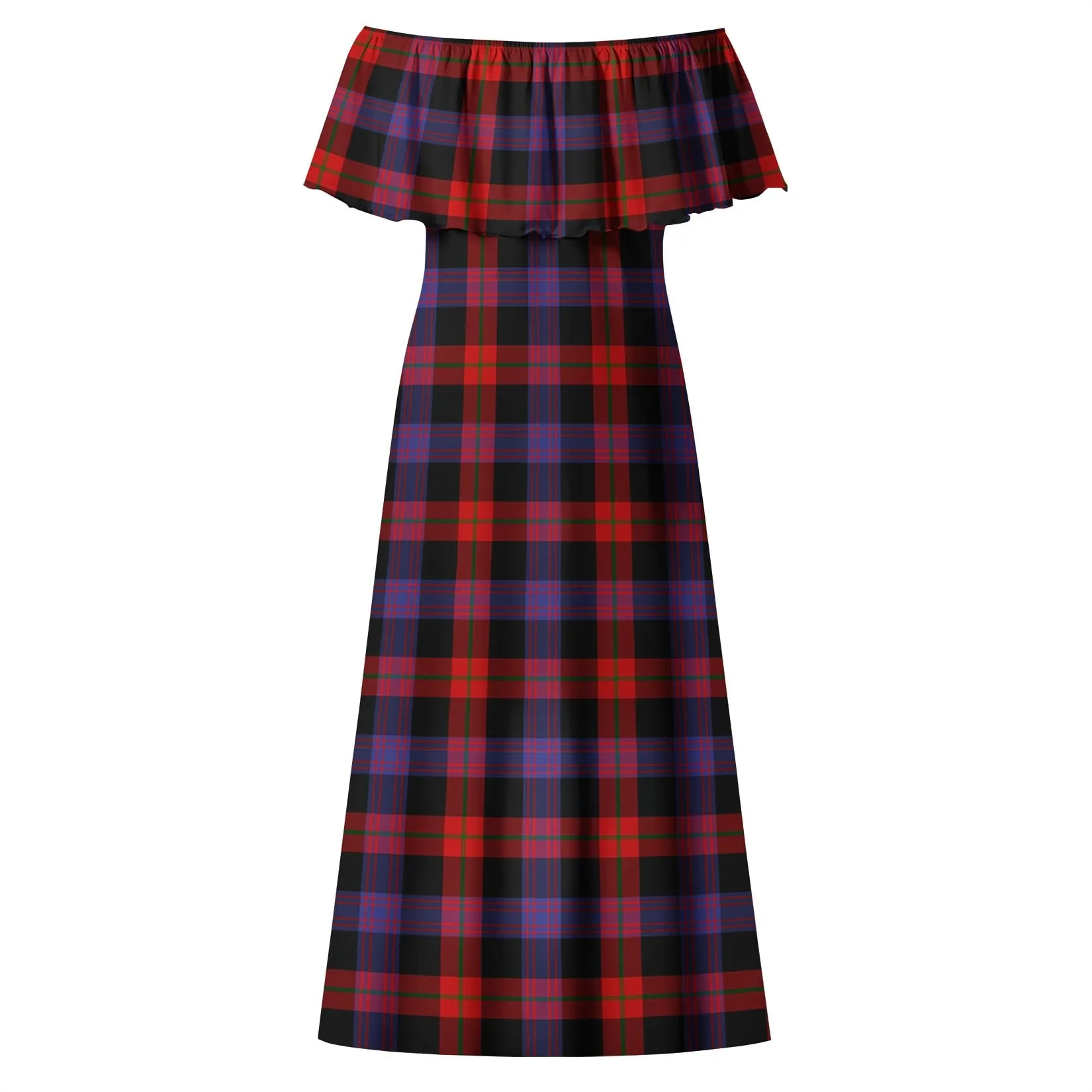 Broun Modern Tartan Off Shoulder Long Dress