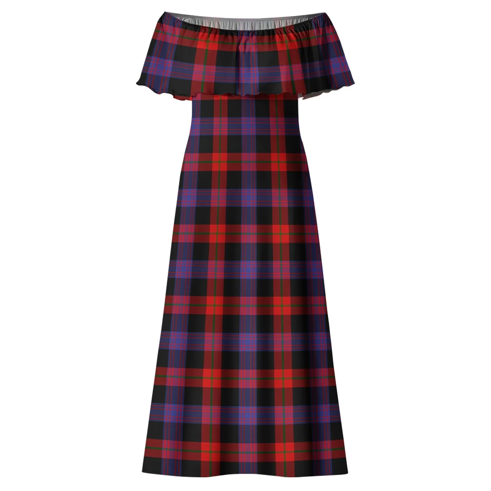 Broun Modern Tartan Off Shoulder Long Dress