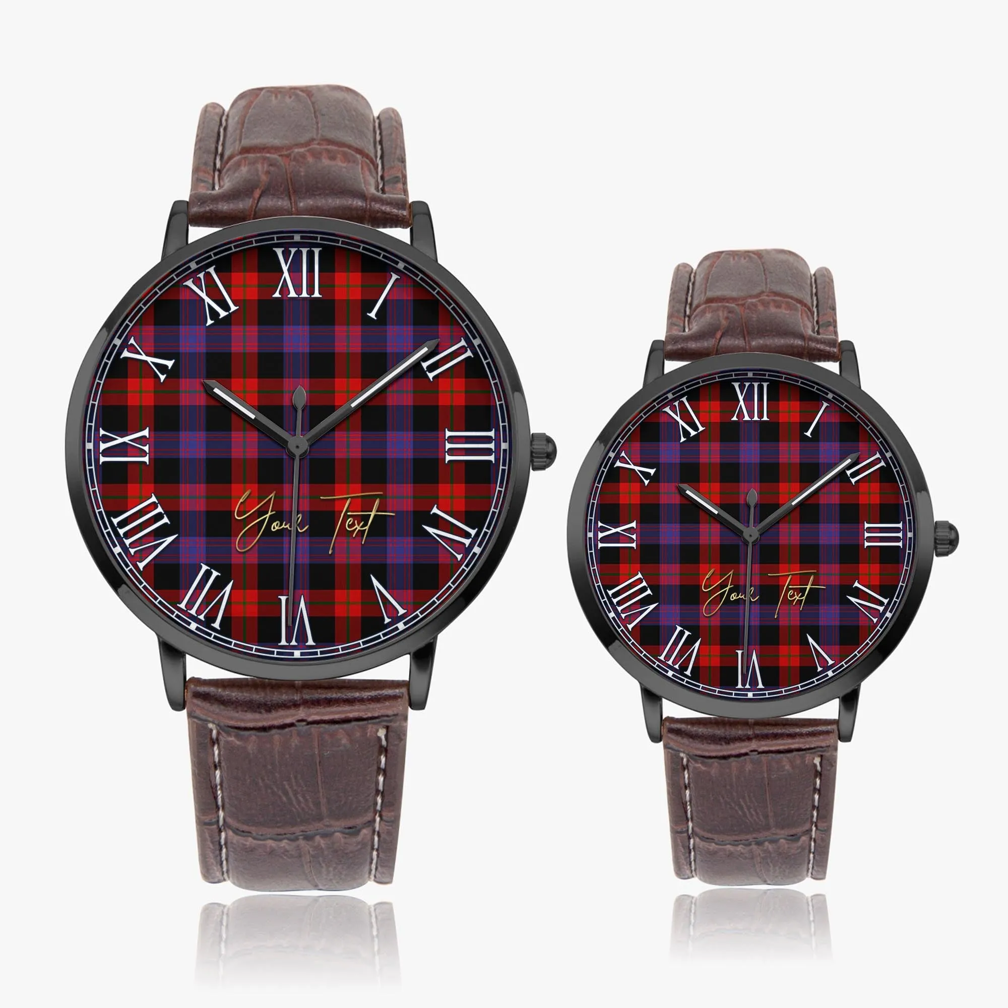 Broun Modern Tartan Personalized Your Text Leather Trap Quartz Watch