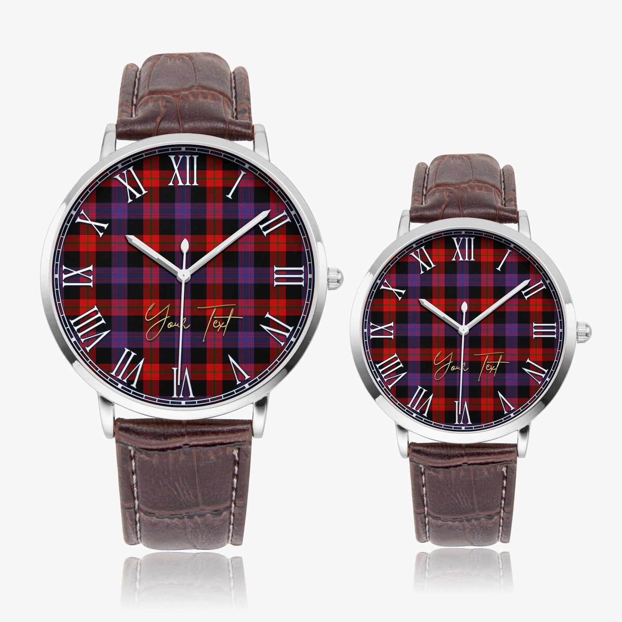 Broun Modern Tartan Personalized Your Text Leather Trap Quartz Watch