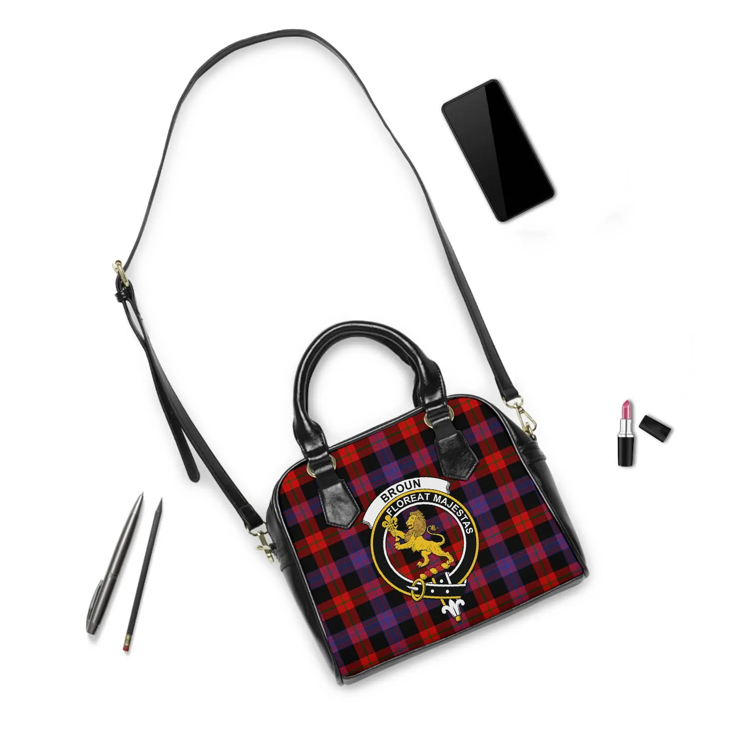 Broun Modern Tartan Shoulder Handbags with Family Crest