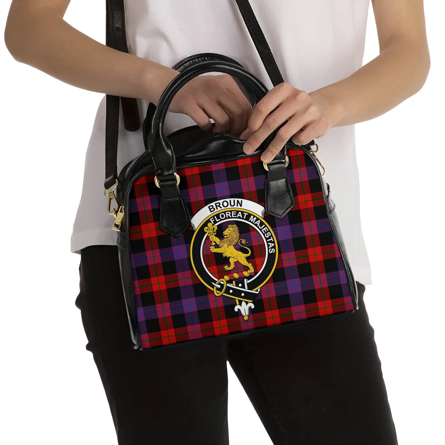 Broun Modern Tartan Shoulder Handbags with Family Crest