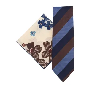 Brown and blue regimental tie and white pocket square set