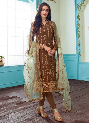 Brown And Green Embroidered Indian Churidar Suit