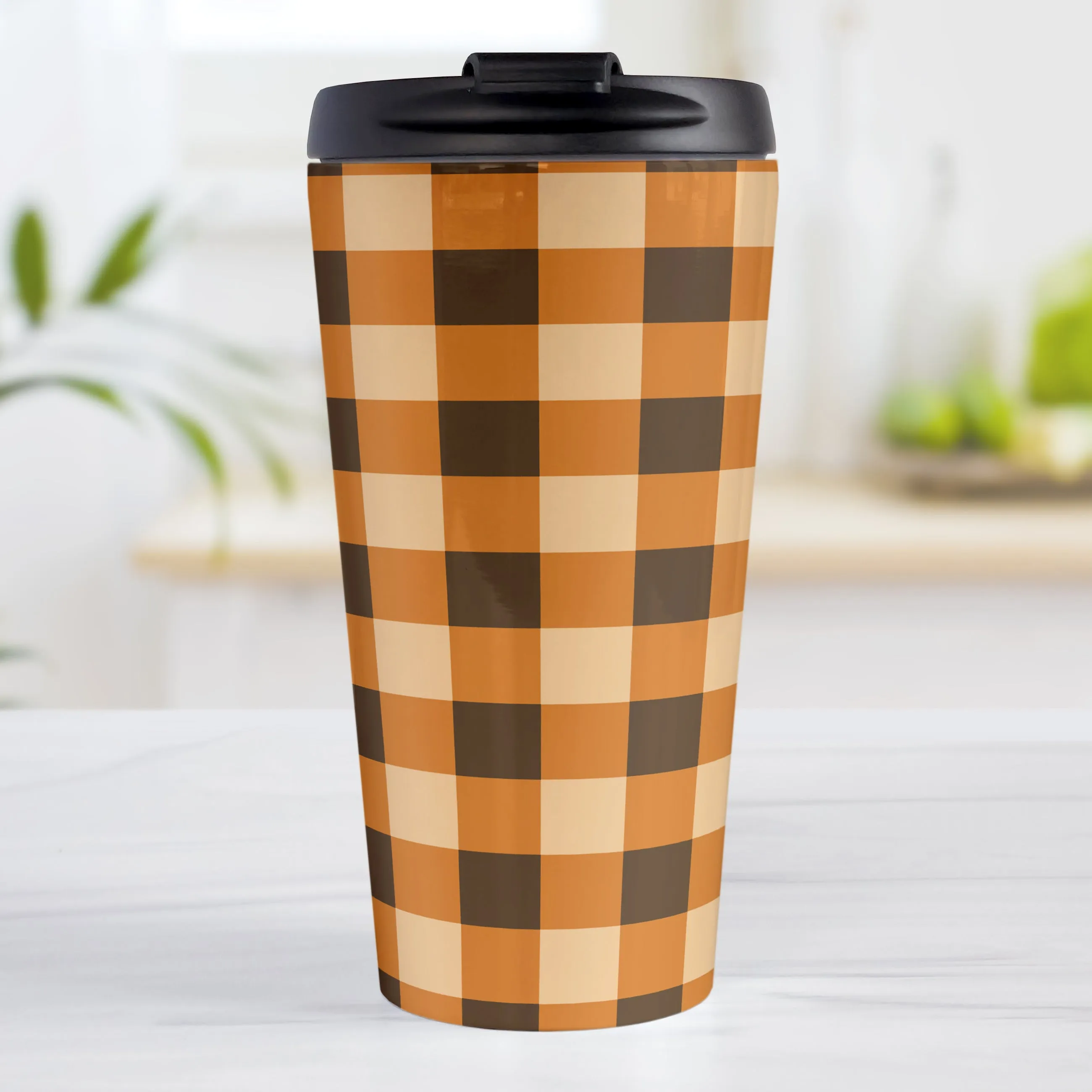 Brown and Orange Fall Buffalo Plaid Travel Mug