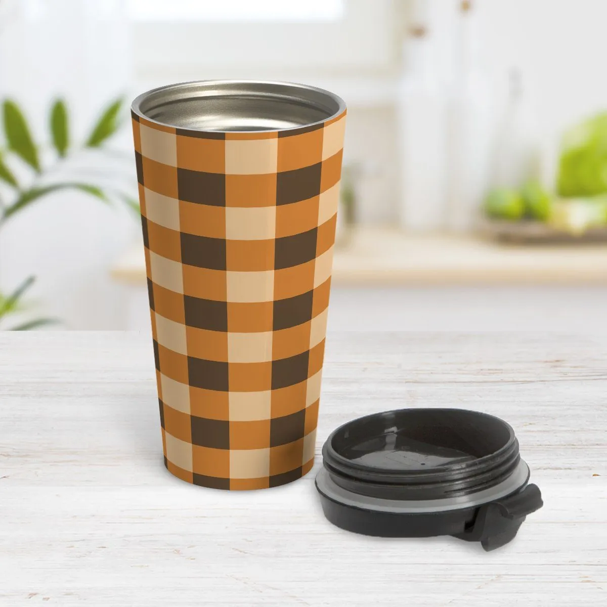 Brown and Orange Fall Buffalo Plaid Travel Mug