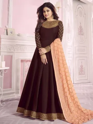 Brown And Peach Traditional Embroidered Anarkali Suit