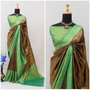 Brown and Sky Blue Kuber Soft Silk Saree with Exquisite Golden Jari Work & Matching Blouse