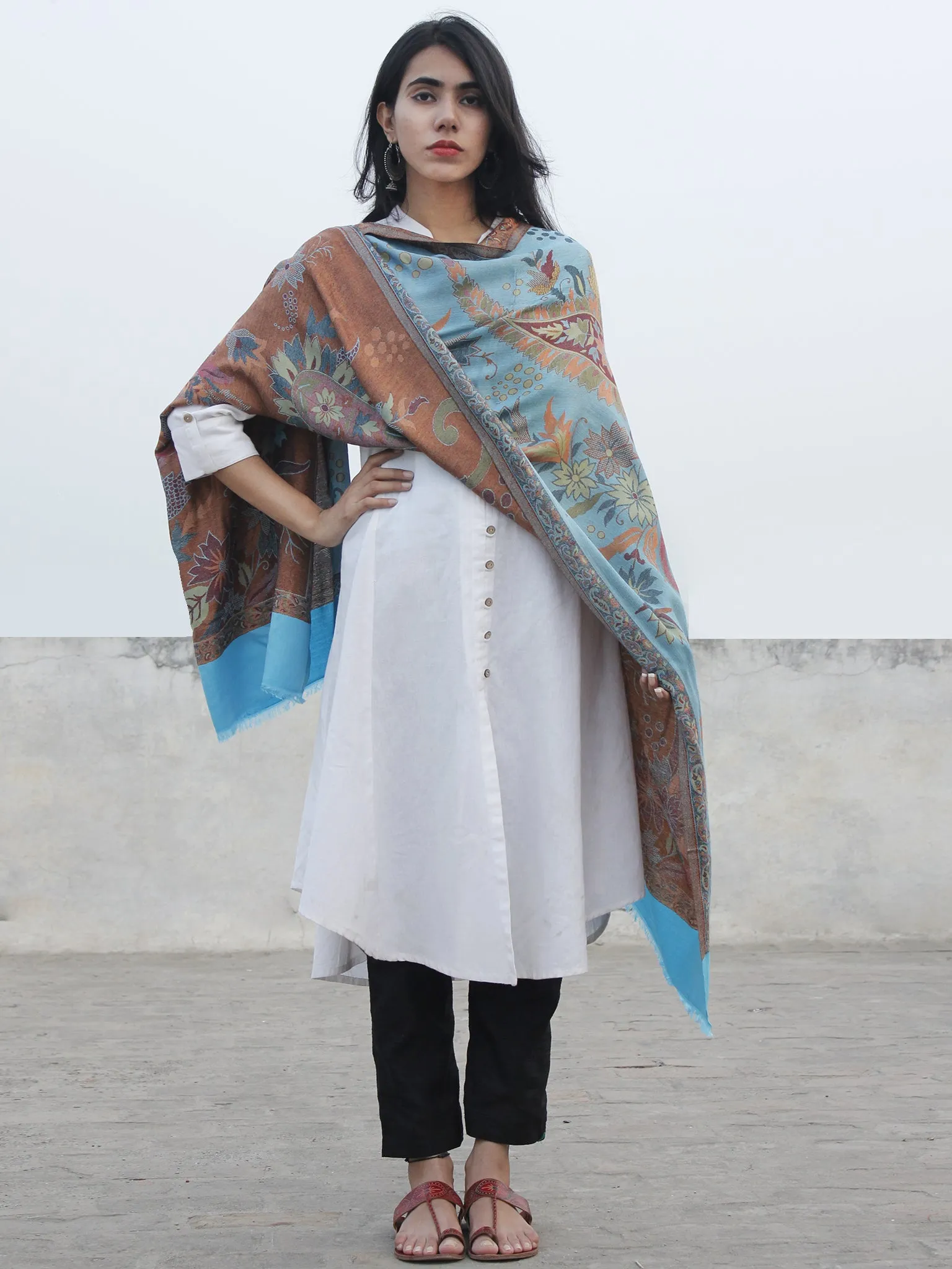 Brown Azure Blue Cashmere Jamawar Silk Woolen Stole - S6317209