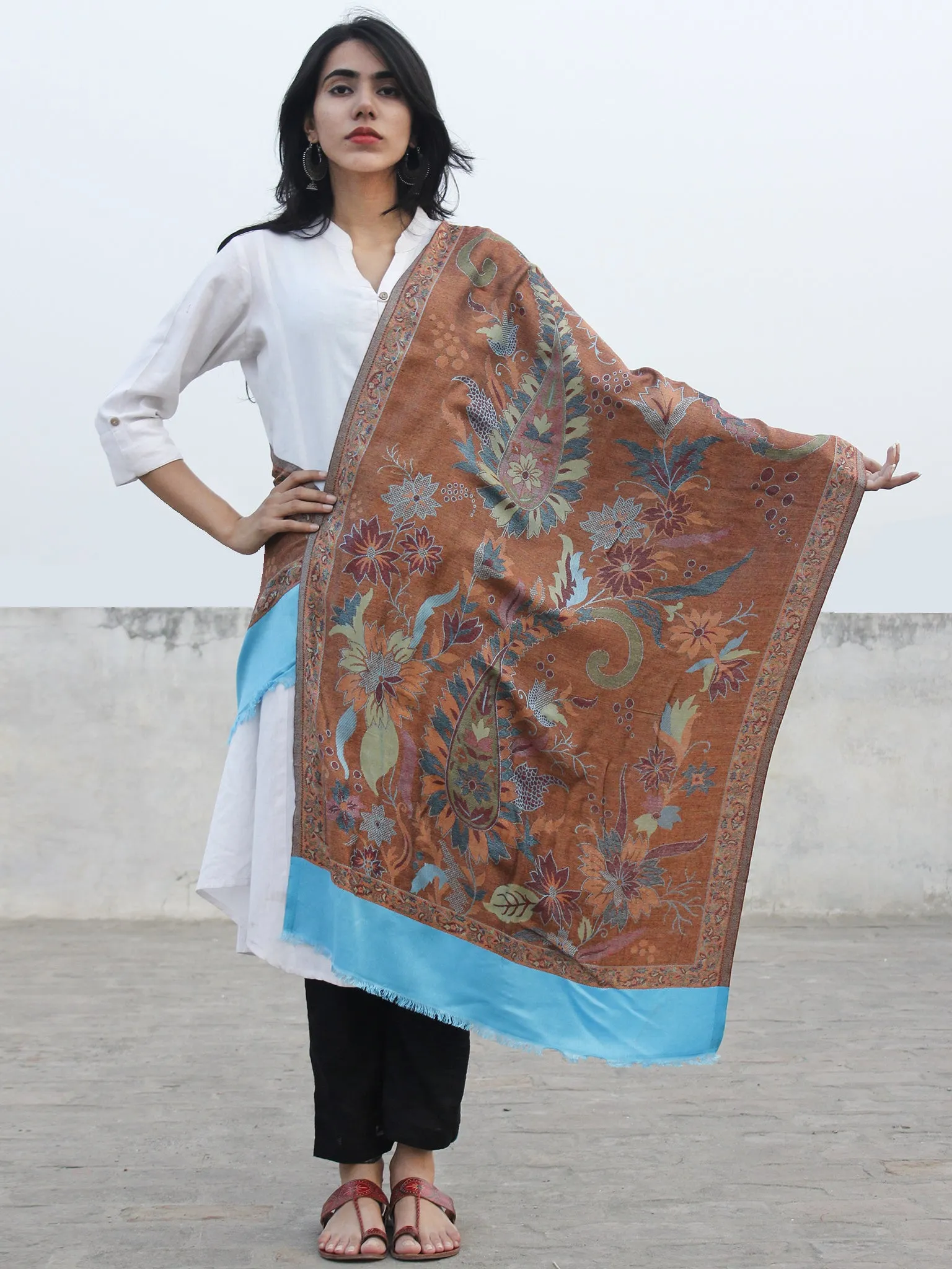 Brown Azure Blue Cashmere Jamawar Silk Woolen Stole - S6317209