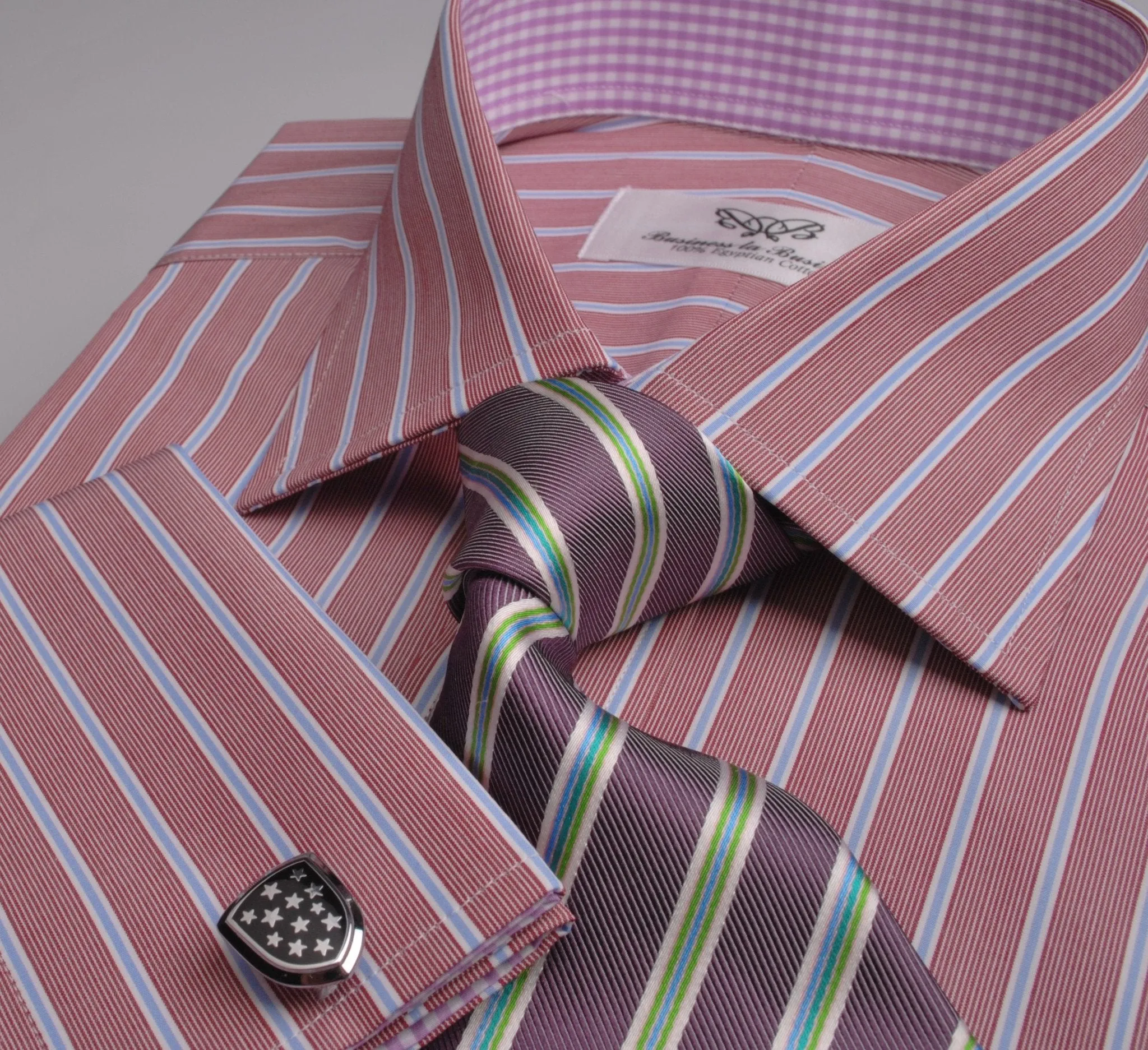 Brown Blue Formal Business Dress Shirt with Pink Gingham Checkers