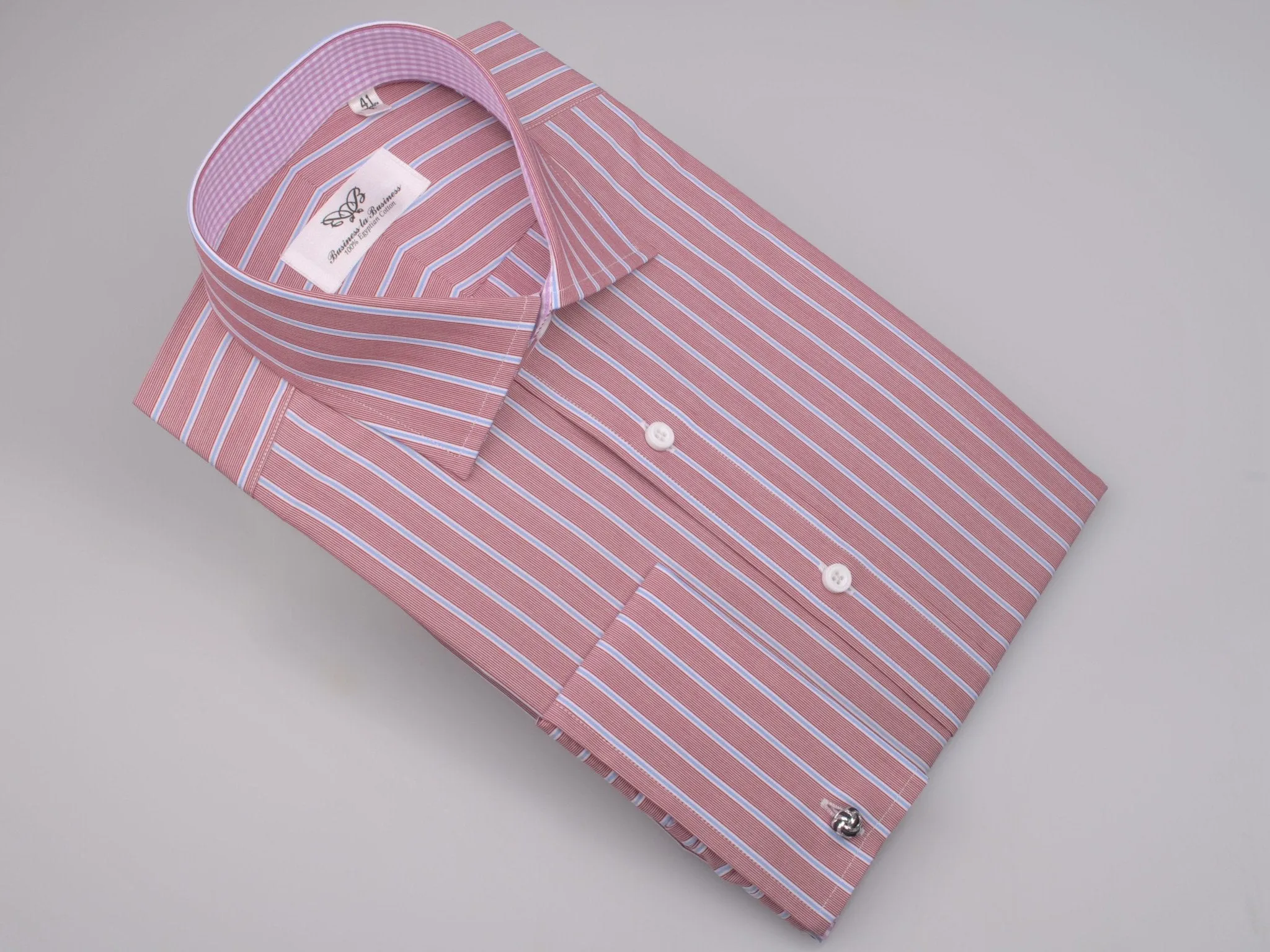 Brown Blue Formal Business Dress Shirt with Pink Gingham Checkers