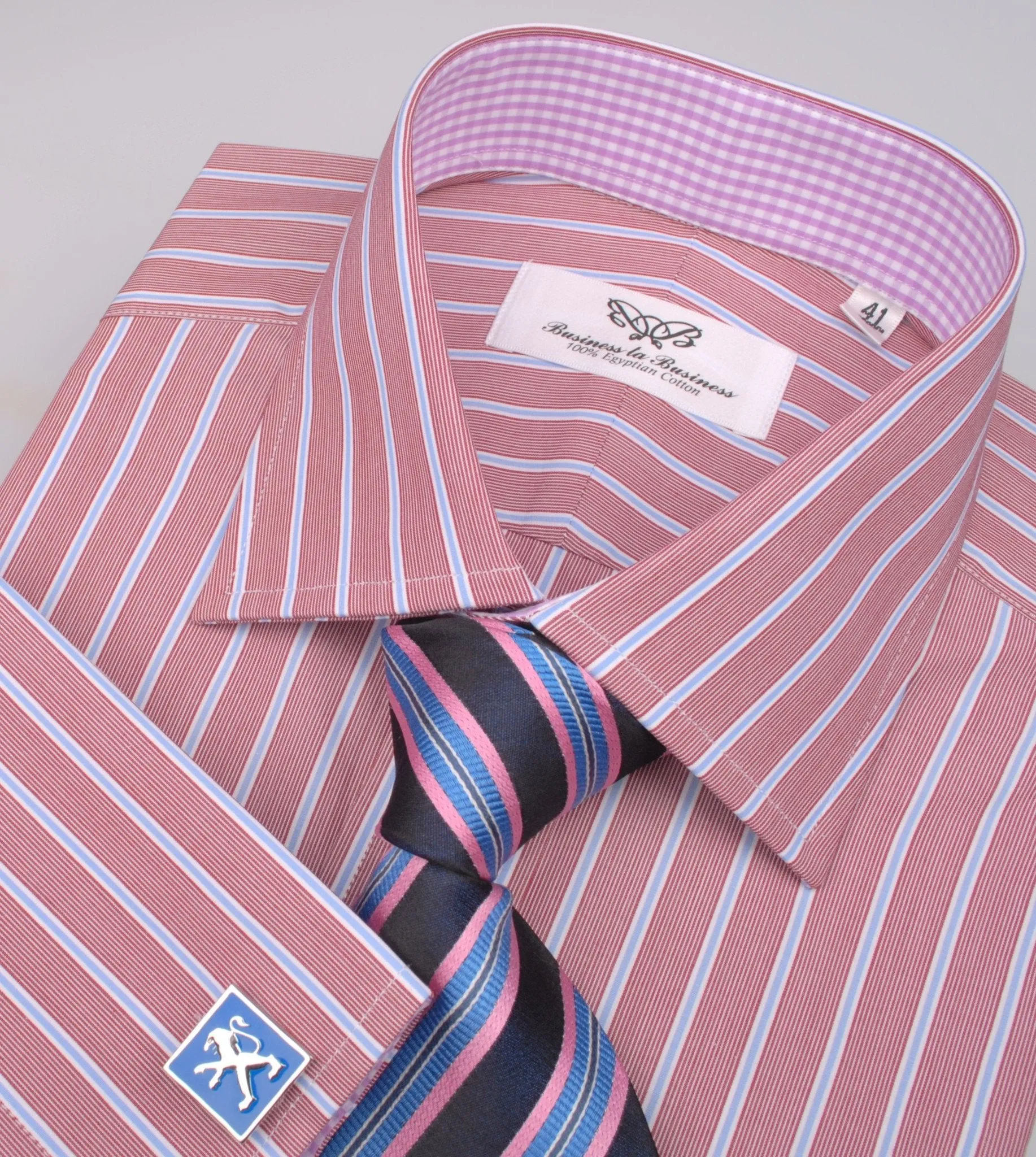 Brown Blue Formal Business Dress Shirt with Pink Gingham Checkers