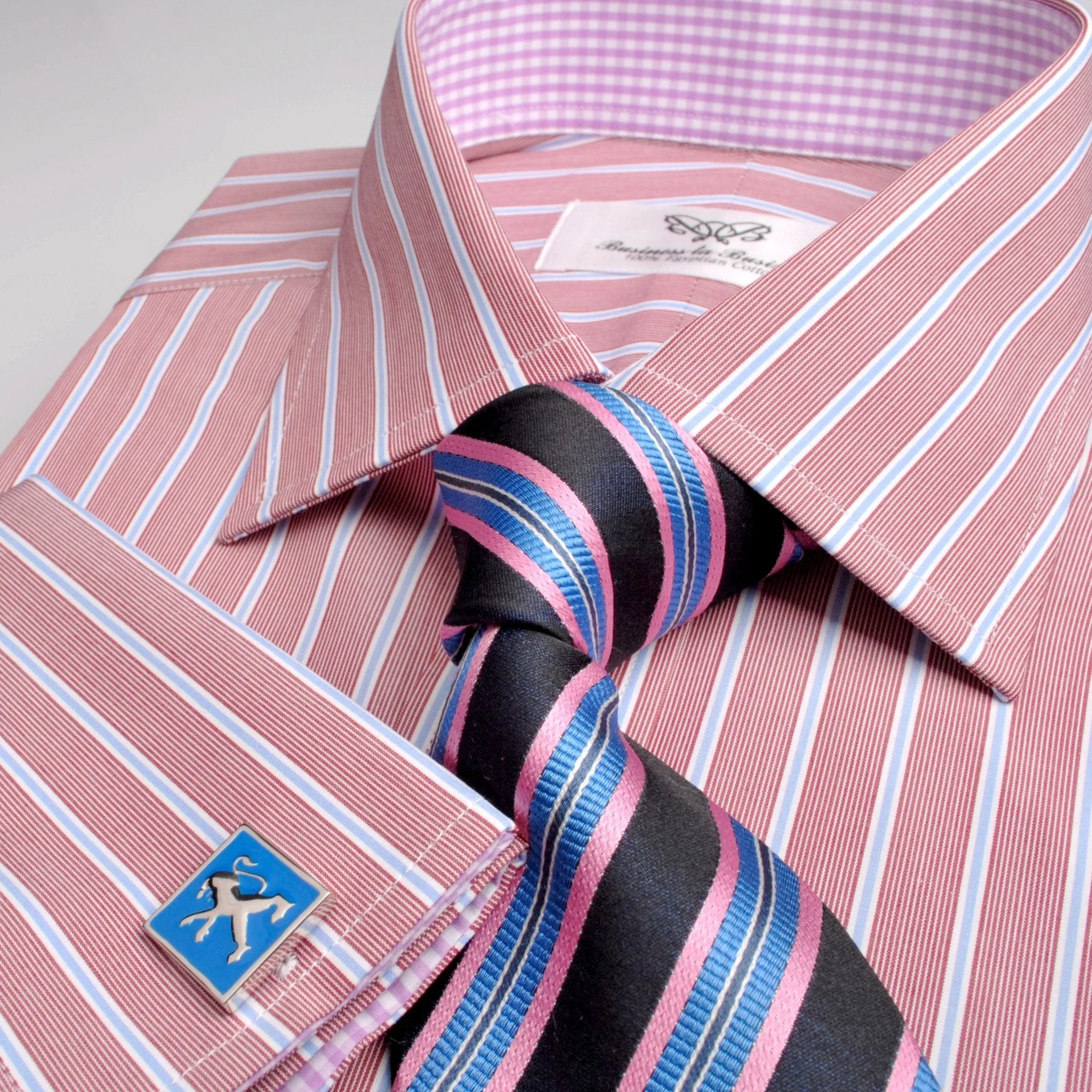 Brown Blue Formal Business Dress Shirt with Pink Gingham Checkers