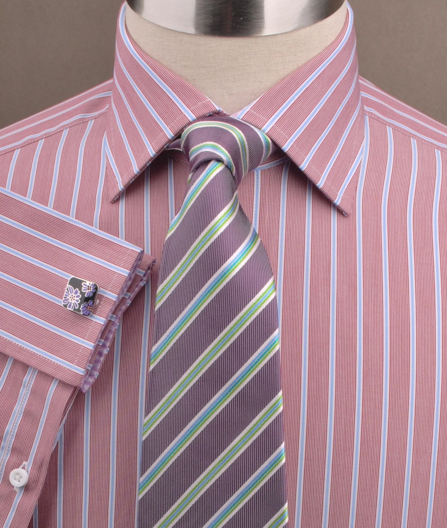 Brown Blue Formal Business Dress Shirt with Pink Gingham Checkers