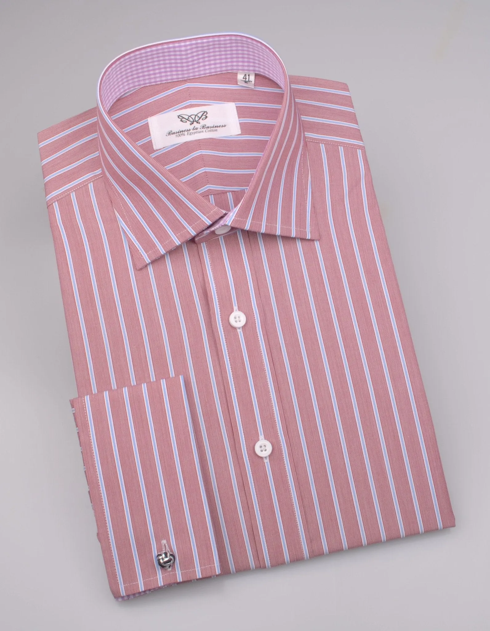 Brown Blue Formal Business Dress Shirt with Pink Gingham Checkers