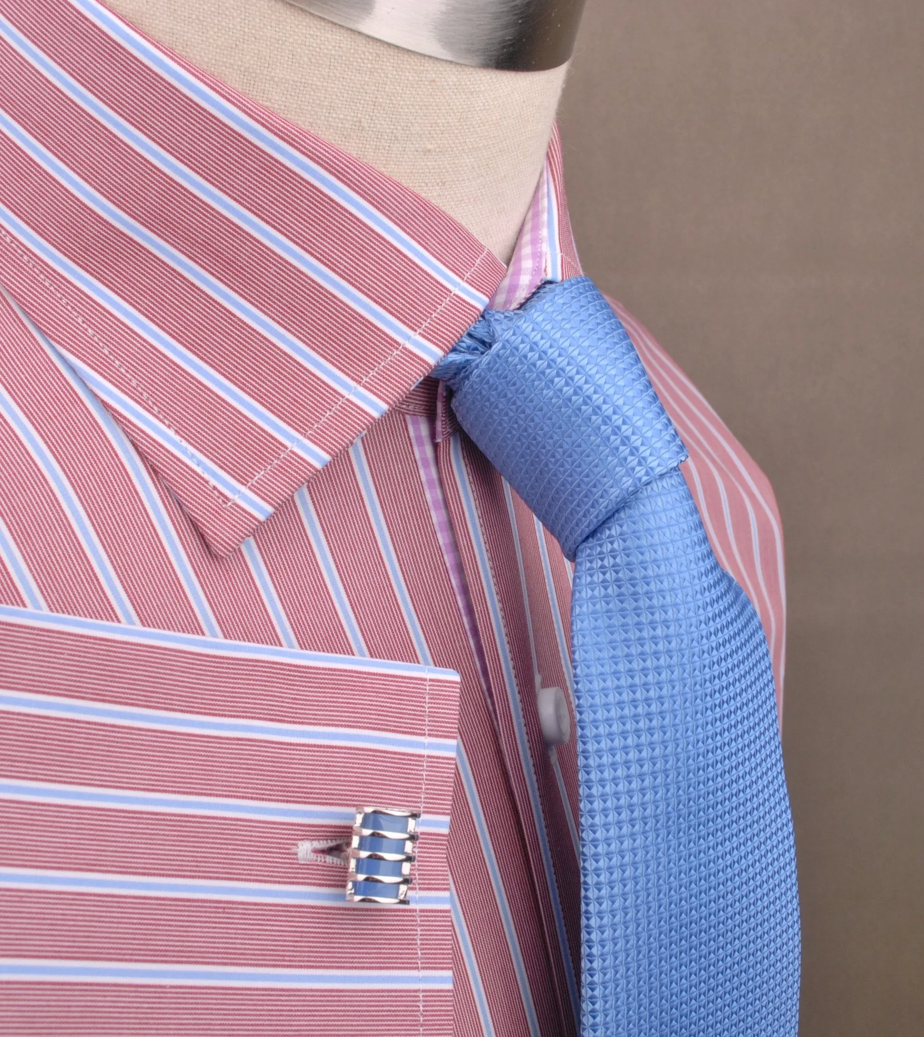 Brown Blue Formal Business Dress Shirt with Pink Gingham Checkers