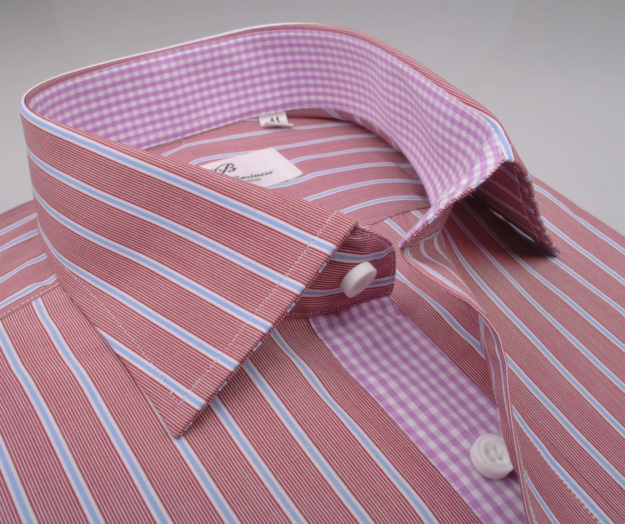 Brown Blue Formal Business Dress Shirt with Pink Gingham Checkers