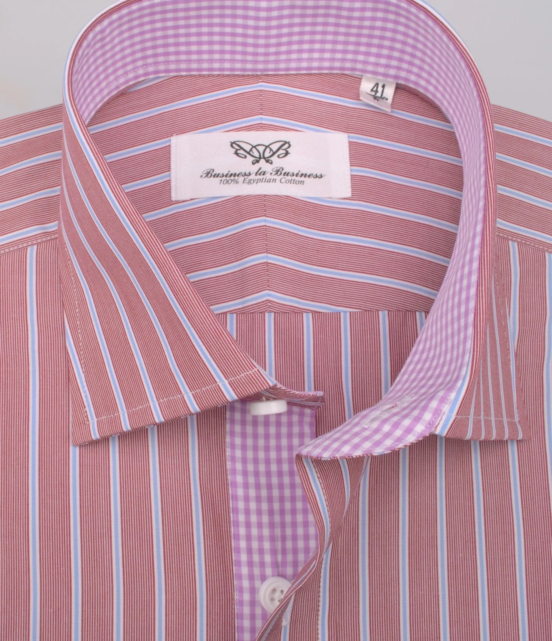 Brown Blue Formal Business Dress Shirt with Pink Gingham Checkers