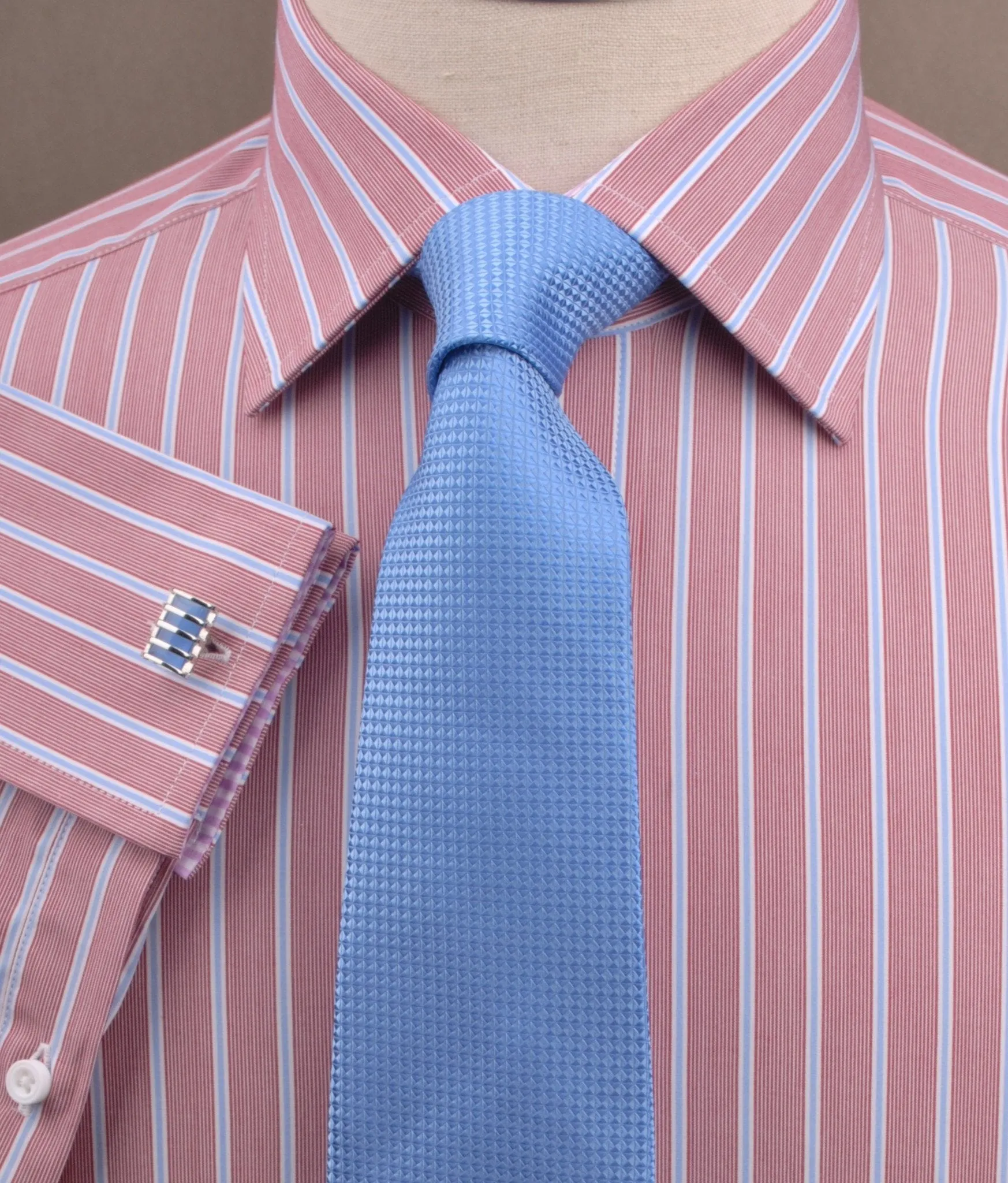 Brown Blue Formal Business Dress Shirt with Pink Gingham Checkers