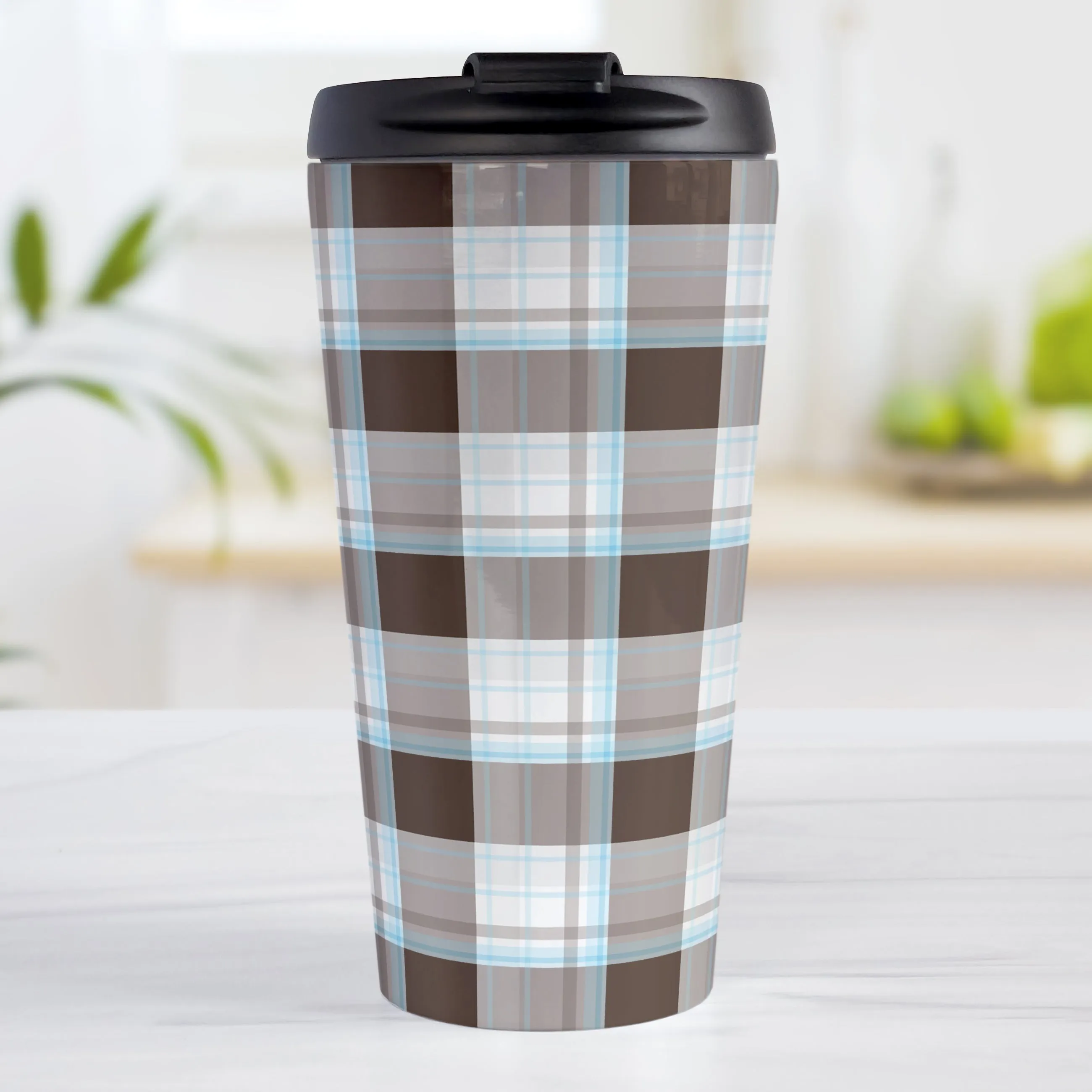 Brown Blue Plaid Travel Mug