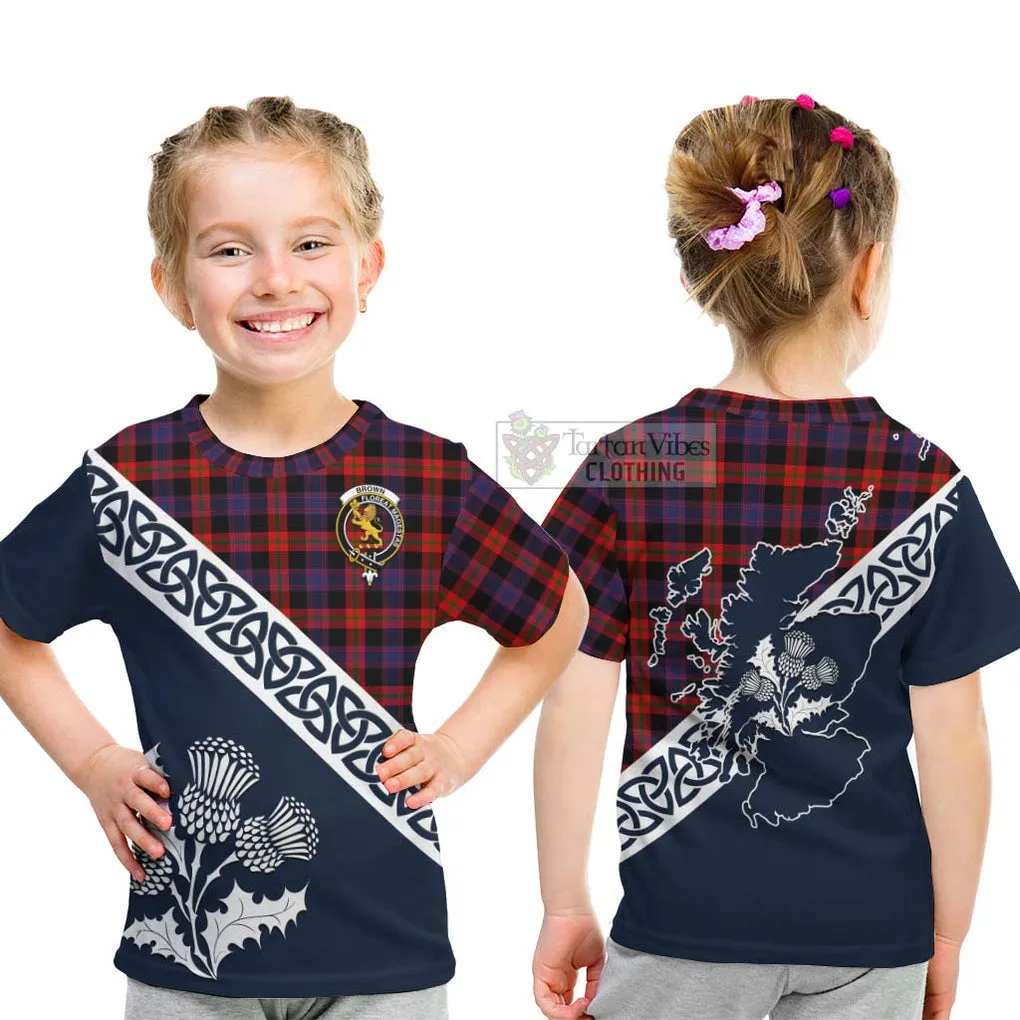 Brown (Broun) Tartan Kid T-Shirt Featuring Thistle and Scotland Map