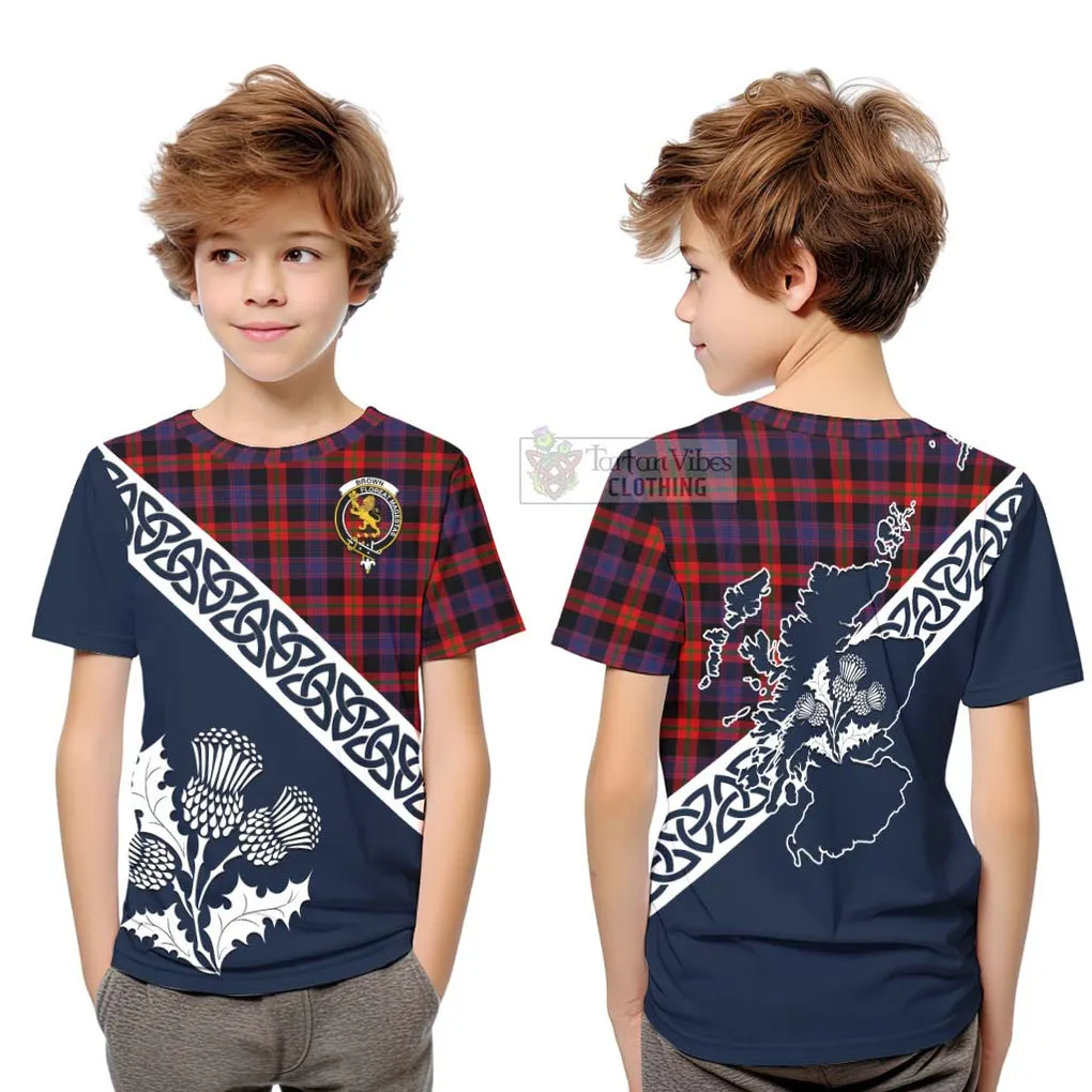 Brown (Broun) Tartan Kid T-Shirt Featuring Thistle and Scotland Map