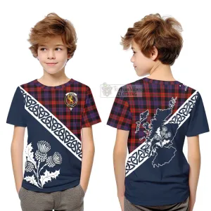 Brown (Broun) Tartan Kid T-Shirt Featuring Thistle and Scotland Map