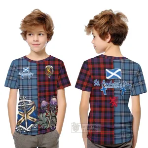 Brown (Broun) Tartan Kid T-Shirt Happy St. Andrew's Day Half Tartan Style