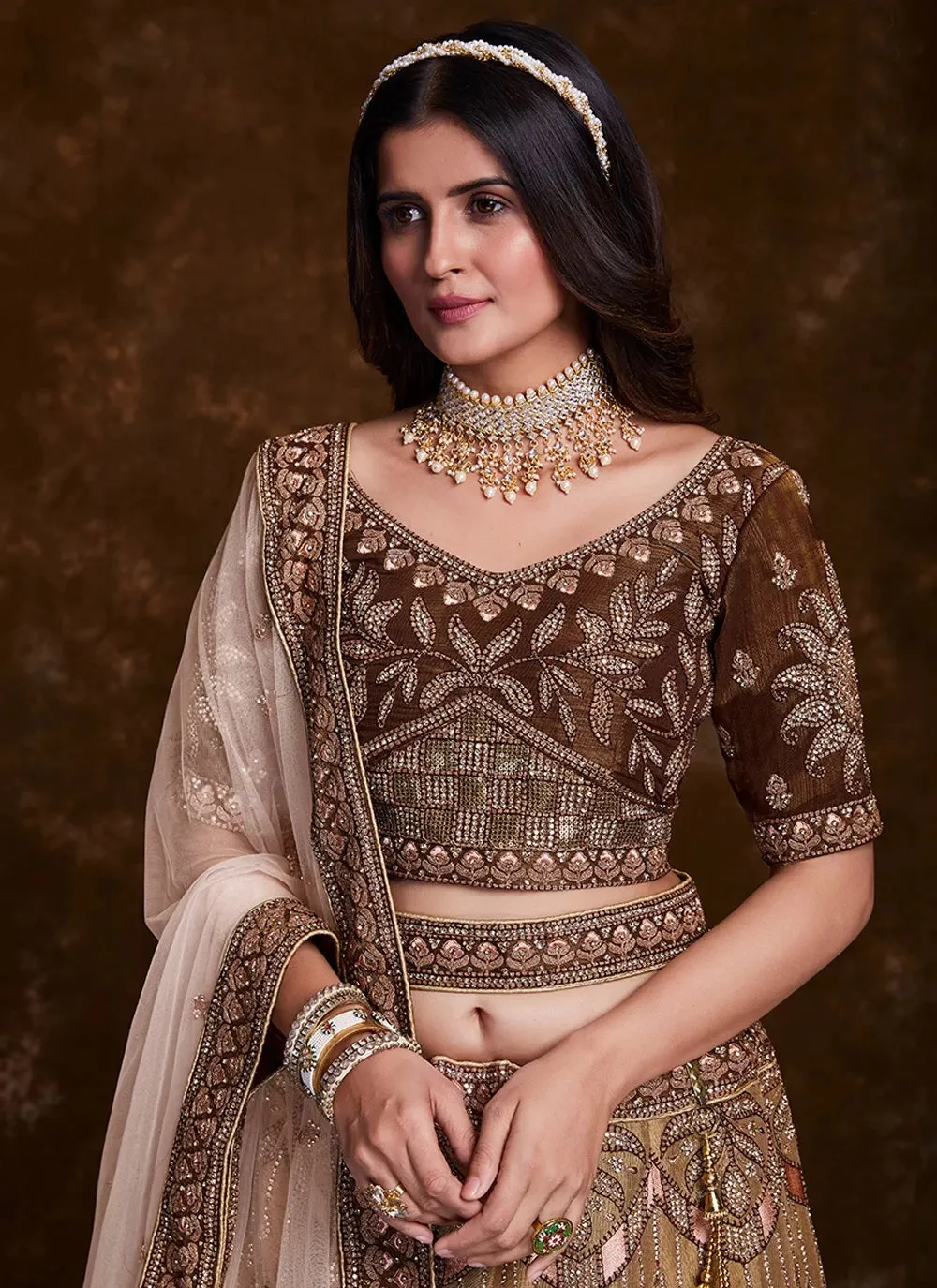 Brown Color Thread Sequins Work Wedding Lehenga Choli