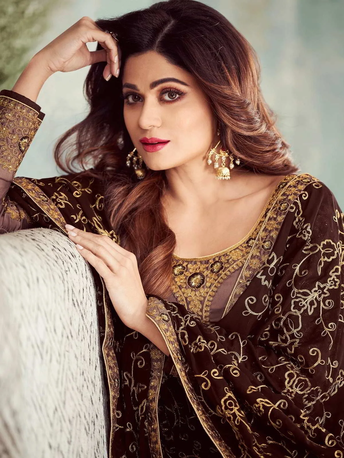 Brown Dual Tone Ethnic Embroidered Churidar Suit