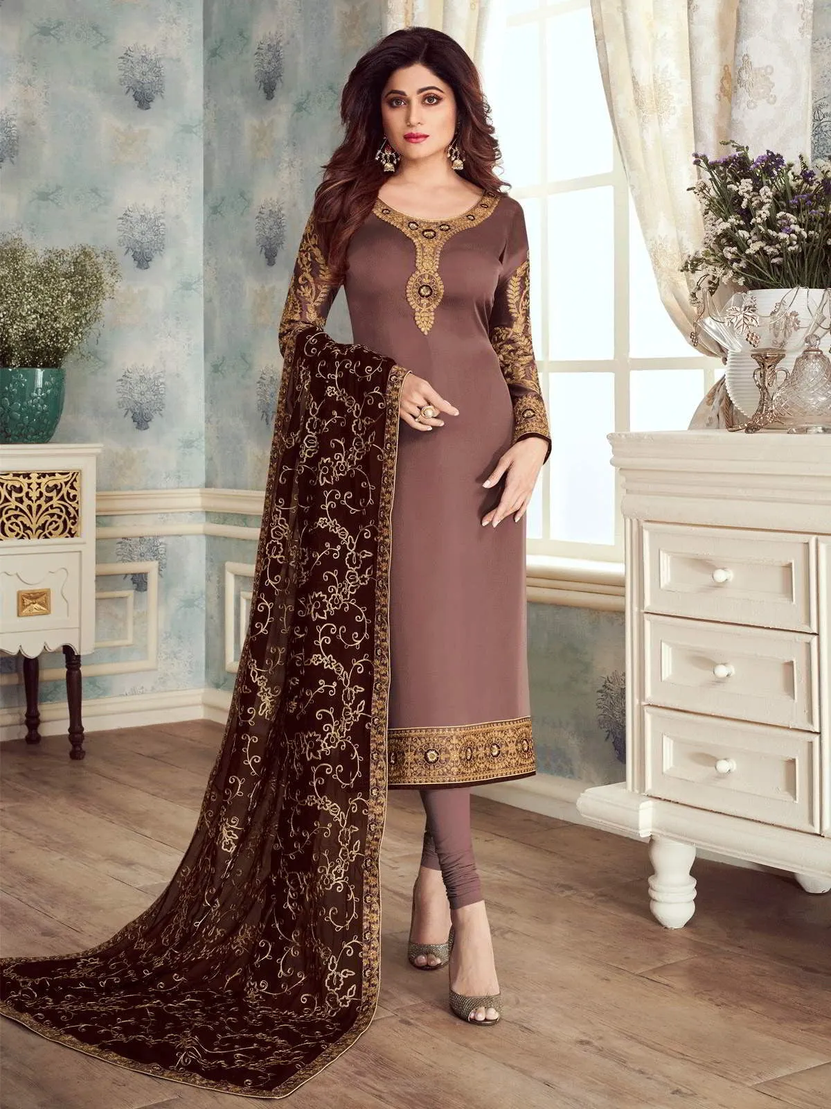 Brown Dual Tone Ethnic Embroidered Churidar Suit